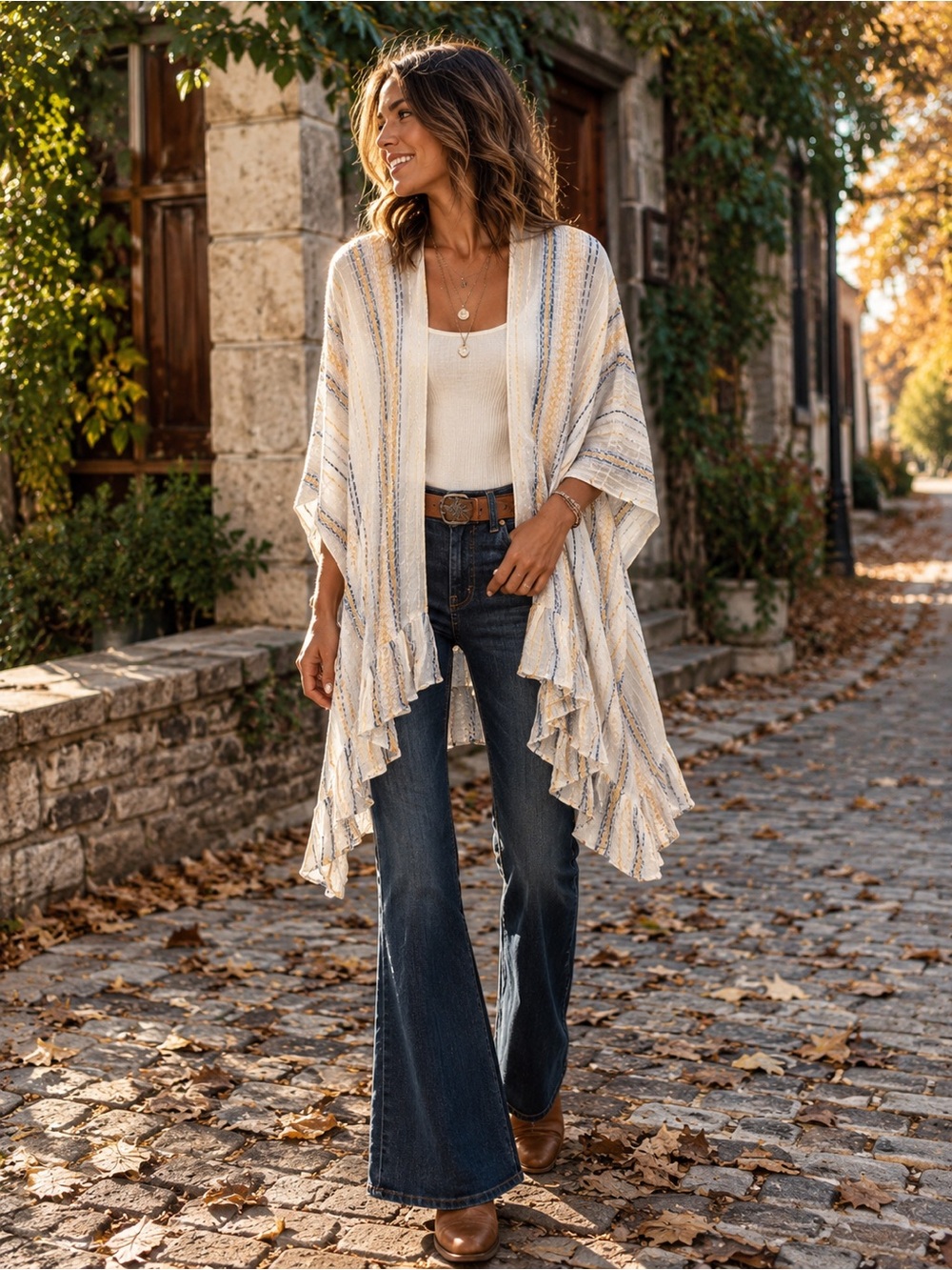 Steve Madden OSFM Striped Ruffle Hem Kimono Boho